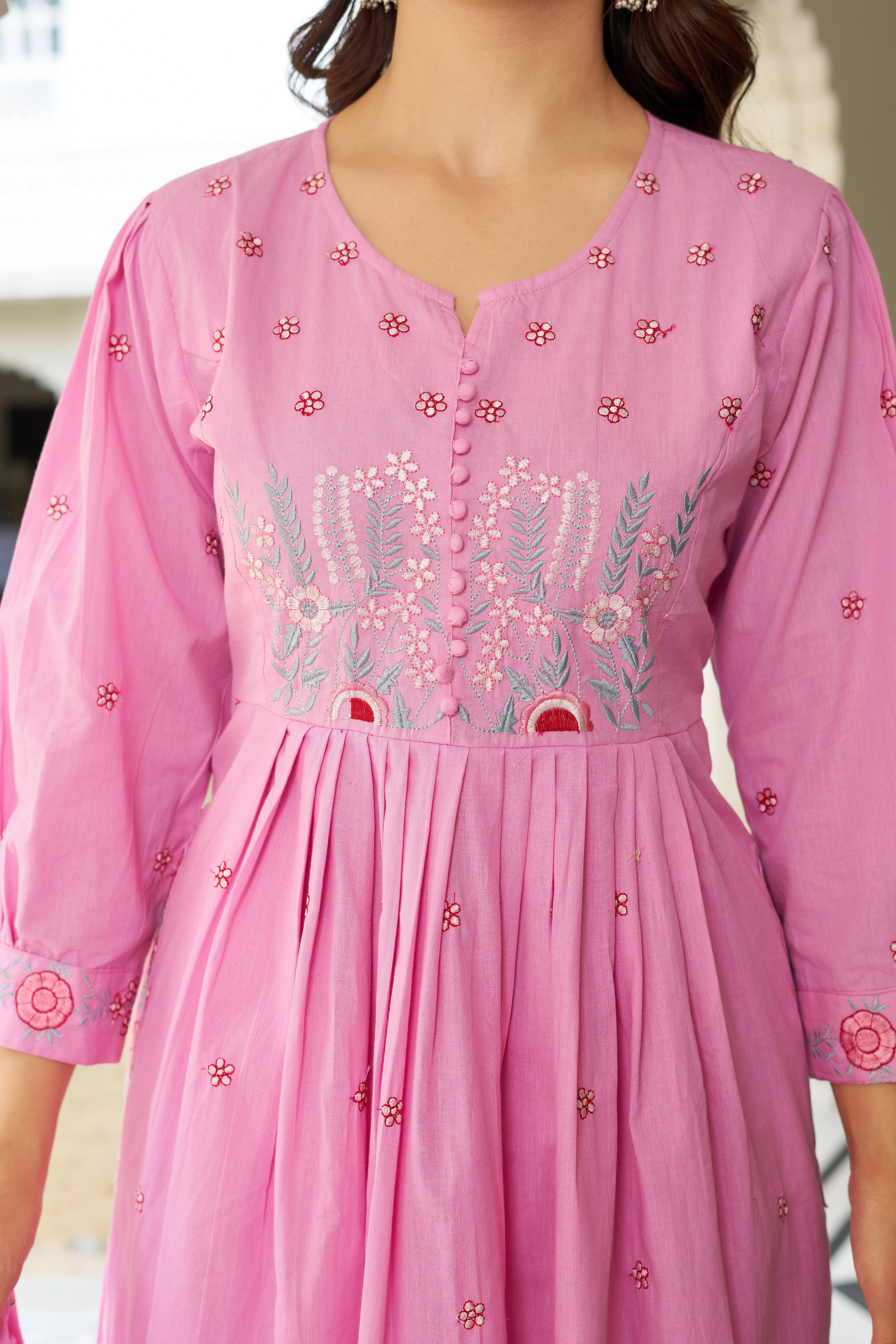 Elegant Embroidered Anarkali Kurta Set with Dupatta – Ivory, Lime Green & Blush Pink