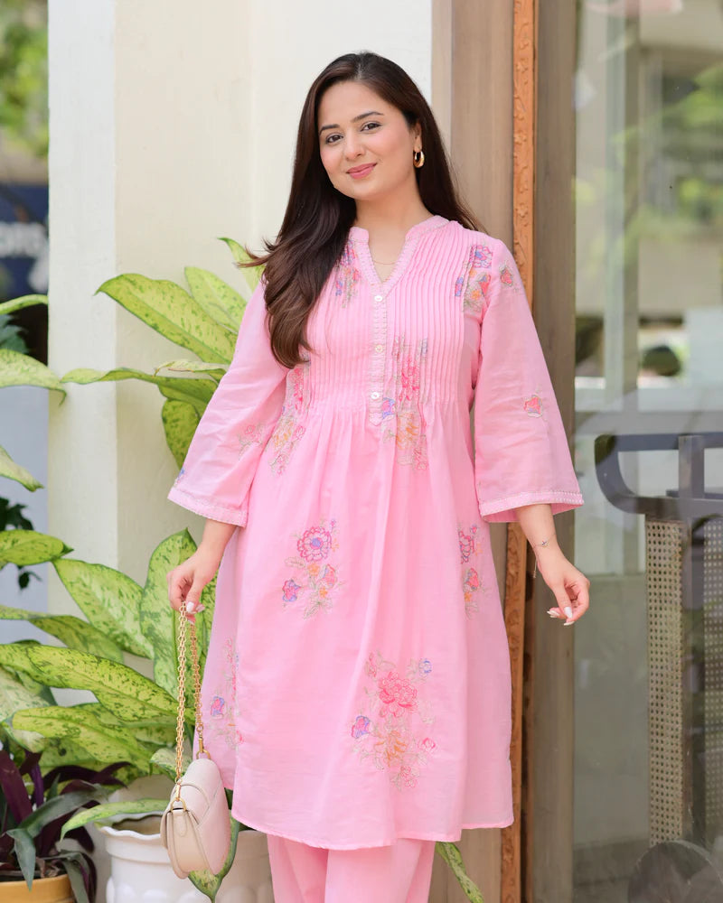 Pink Mul Cotton Threadwork A Line Kurta Set Estima