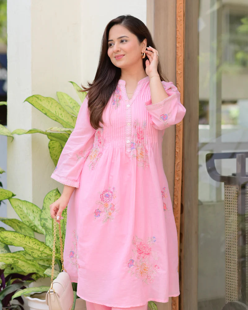 Pink Mul Cotton Threadwork A Line Kurta Set Estima