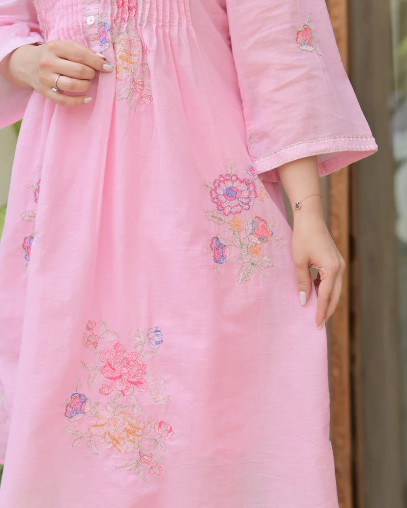 Pink Mul Cotton Threadwork A Line Kurta Set Estima