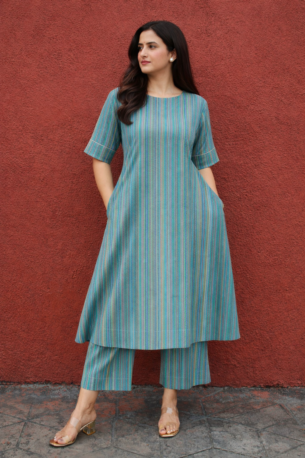 Multicolor Vertical Stripe Coord Set for Women