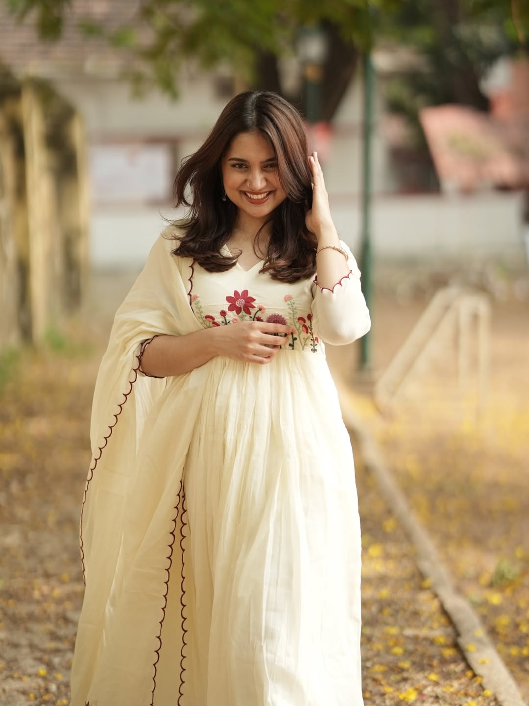 White Floral Embroidered Mul Cotton Anarkali Set with Dupatta