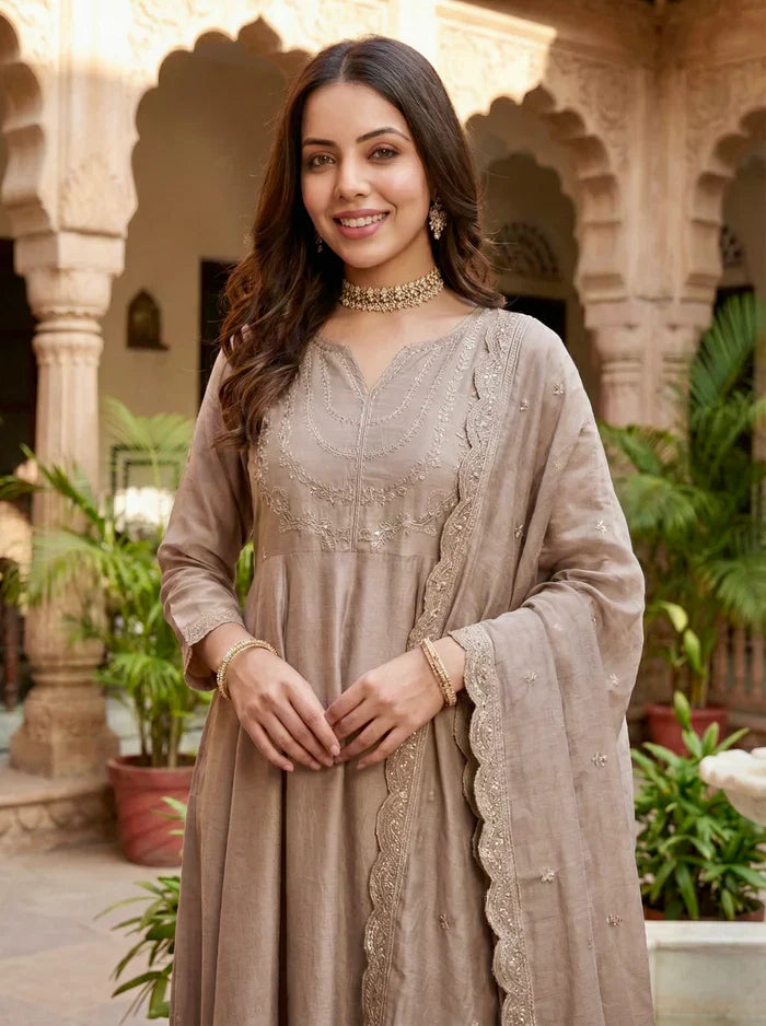 Elegant Taupe Embroidered Kurta Set with Dupatta for Women