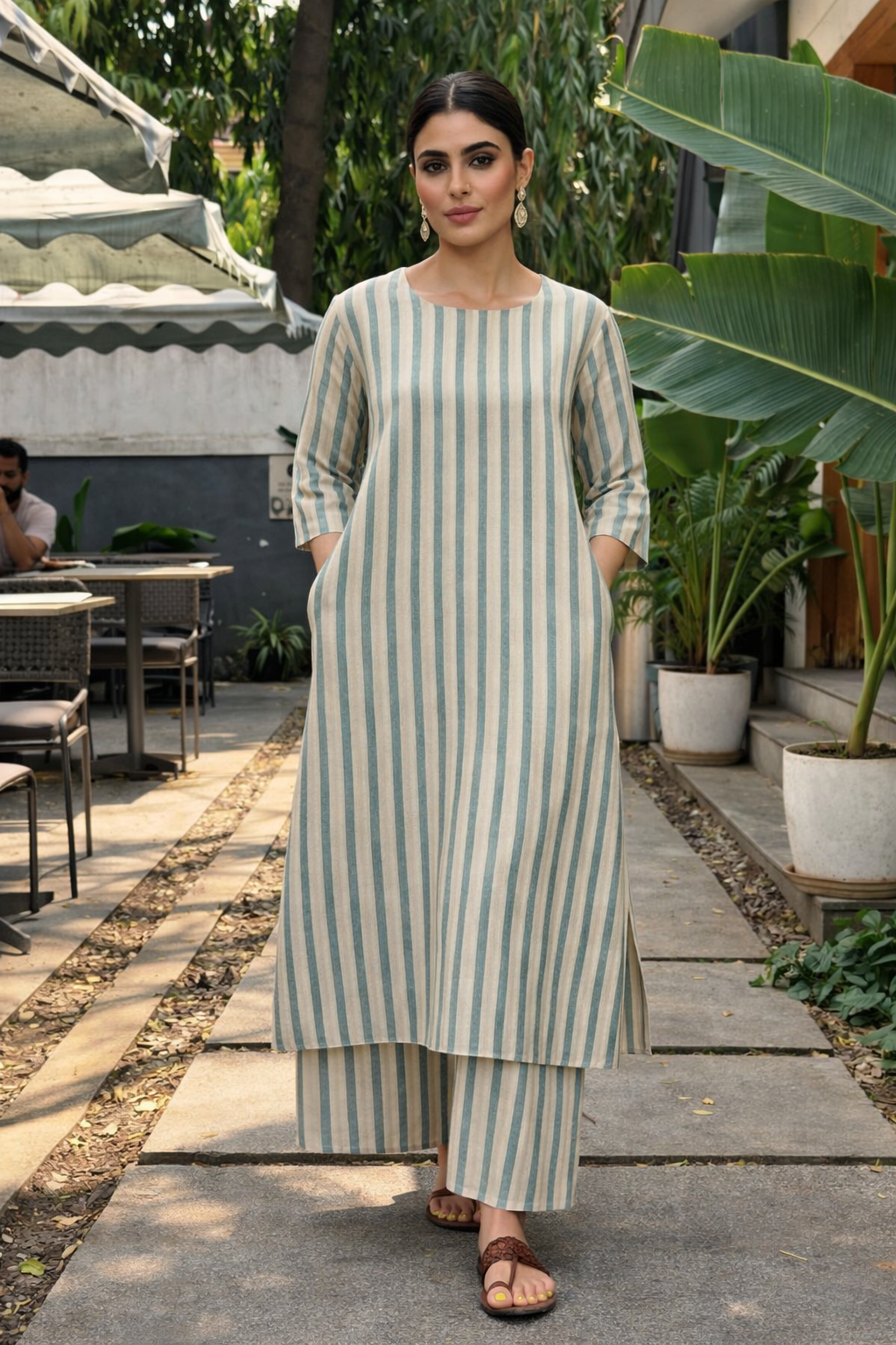 Elegant Vertical Stripe Coord Set with Straight Kurta & Relaxed Pants