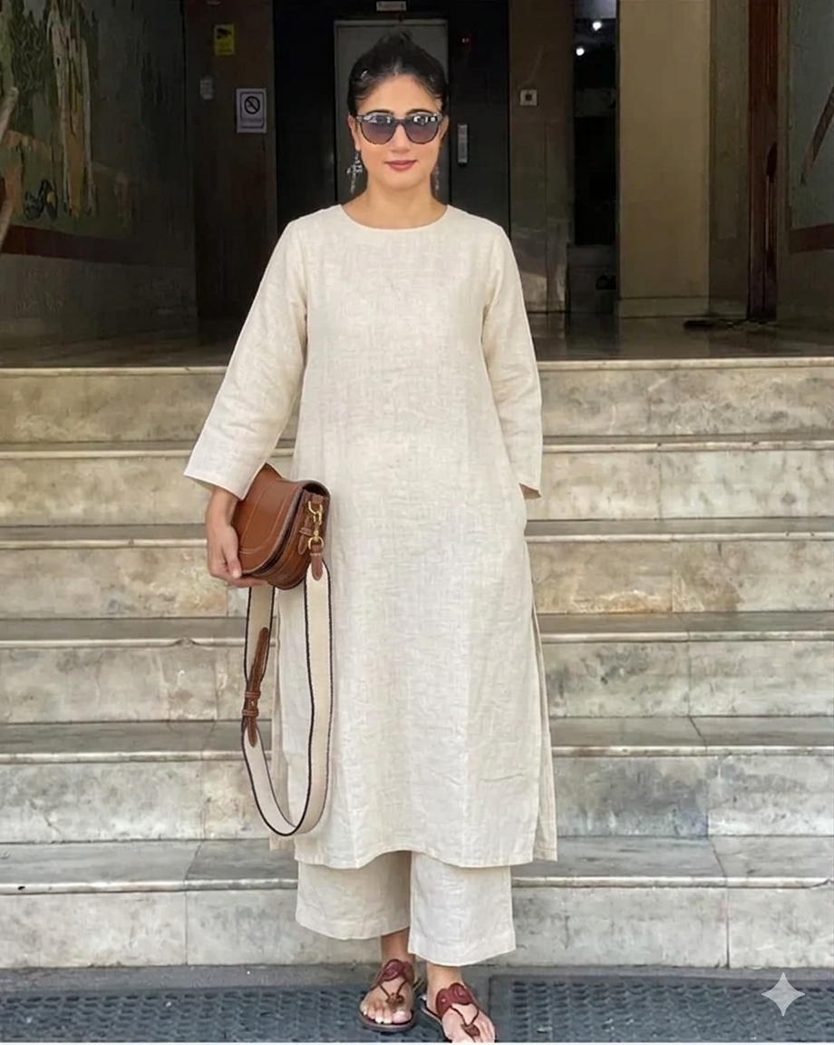 Women's Cotton Kurta pant sets -Ivory