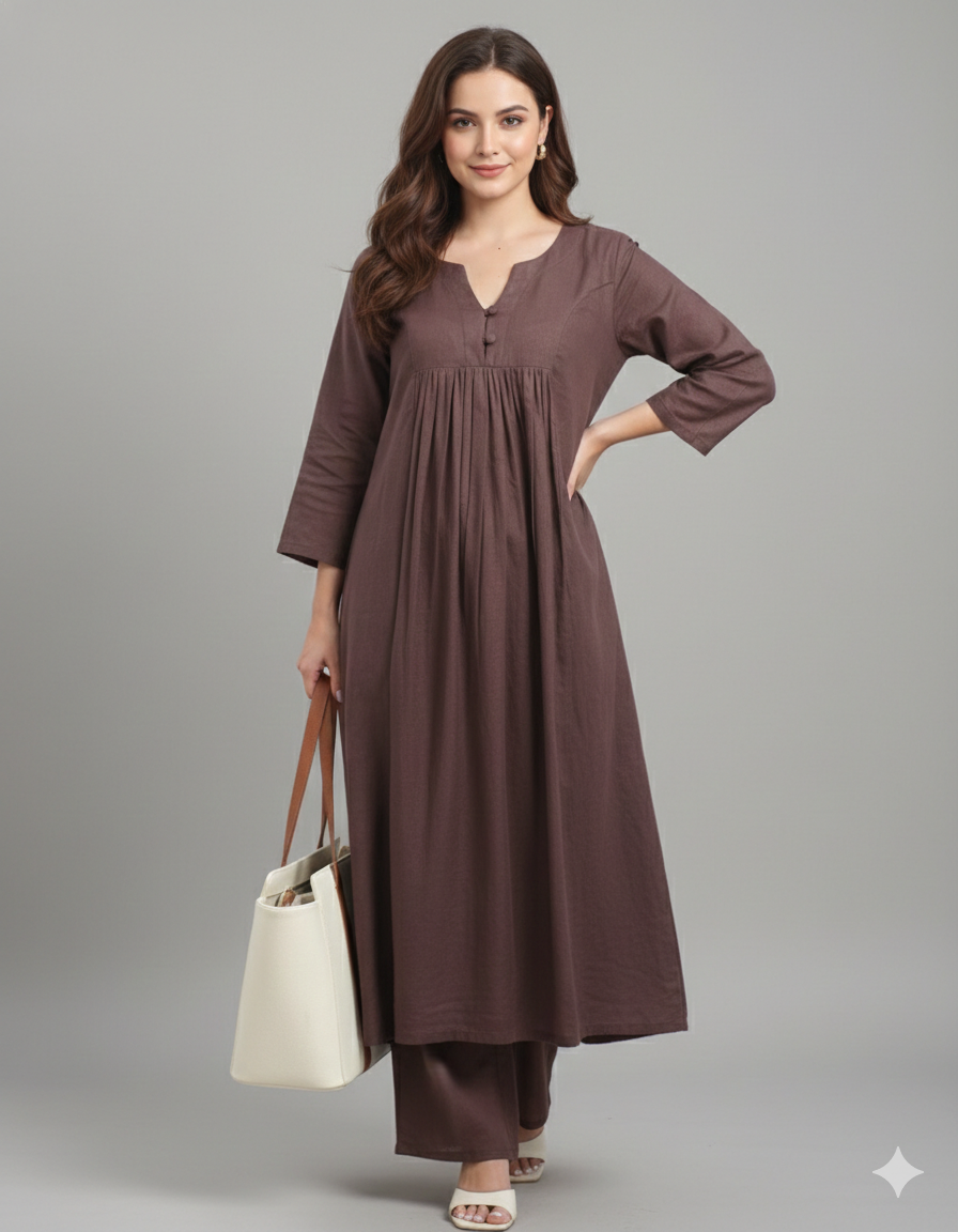 Elegant Brown A-Line Kurta with Matching Pants – Cotton Comfort Wear