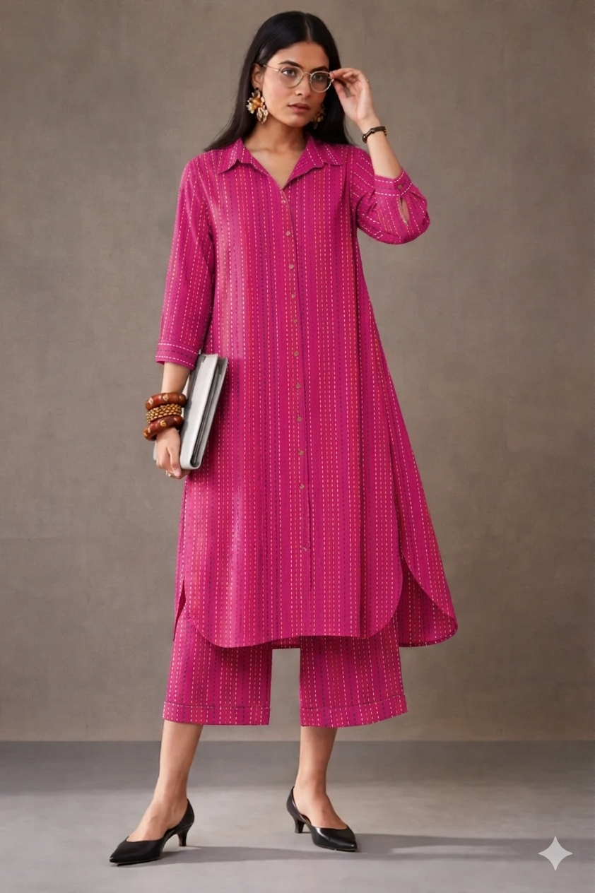 Women’s Rose Pink  Striped Kurta with Culottes Set