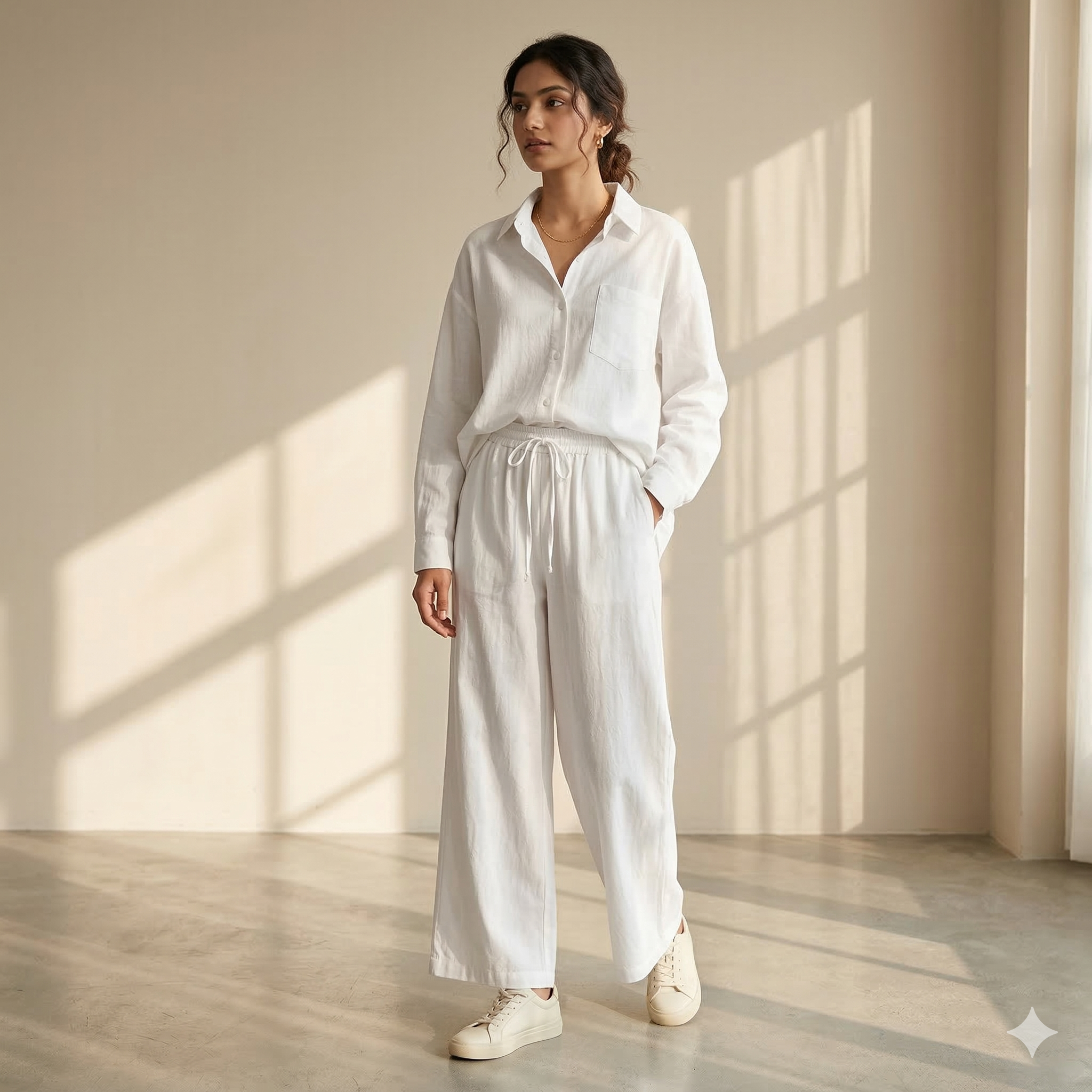 Fashionable Women's Slacks High Waist Cotton Shirt Suit