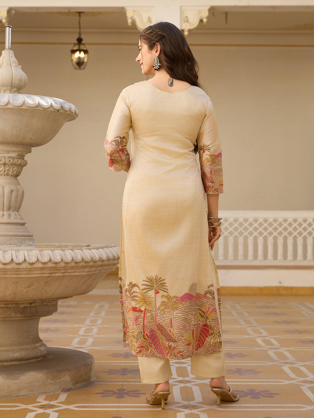 Elegant Beige Embroidered Kurta Pant Set with Printed Dupatta for Women