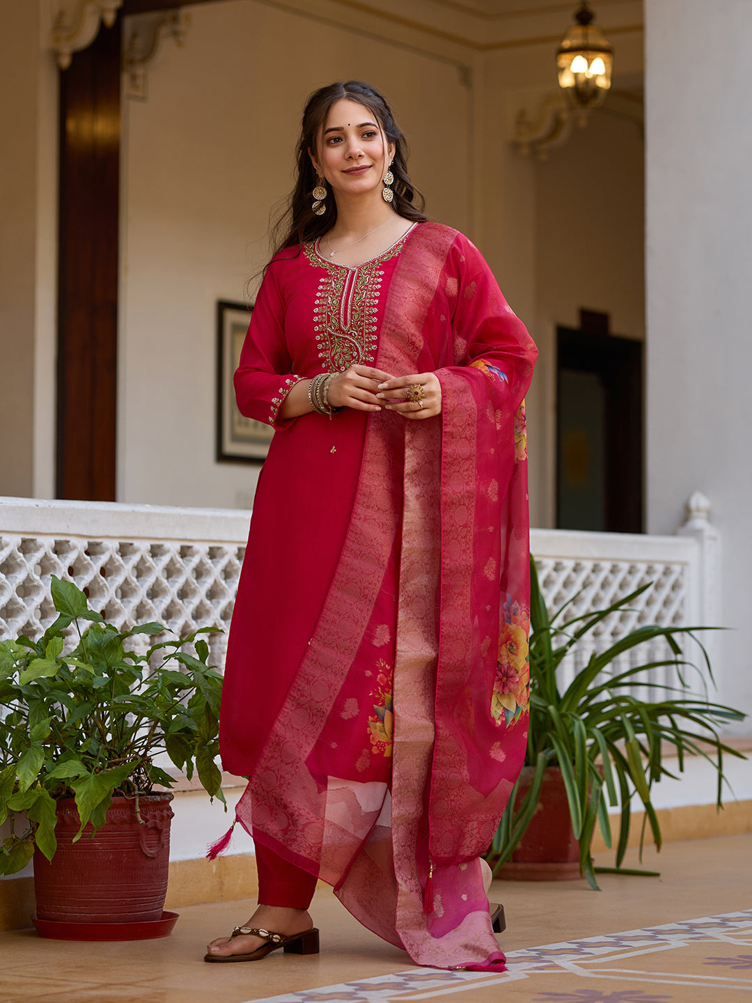 Women's Rani Pink Embroidered Straight Kurta Set with Floral Organza Dupatta