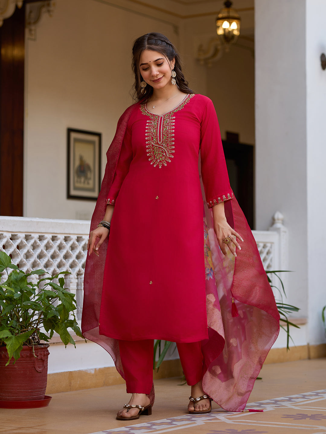 Women's Rani Pink Embroidered Straight Kurta Set with Floral Organza Dupatta