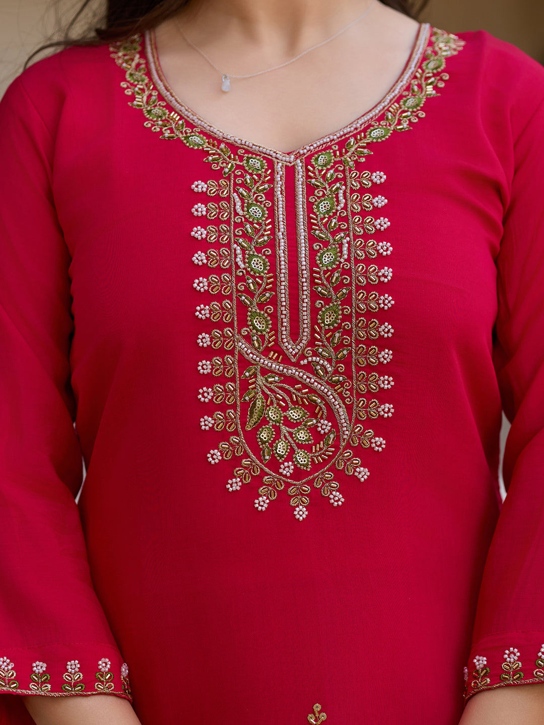 Women's Rani Pink Embroidered Straight Kurta Set with Floral Organza Dupatta