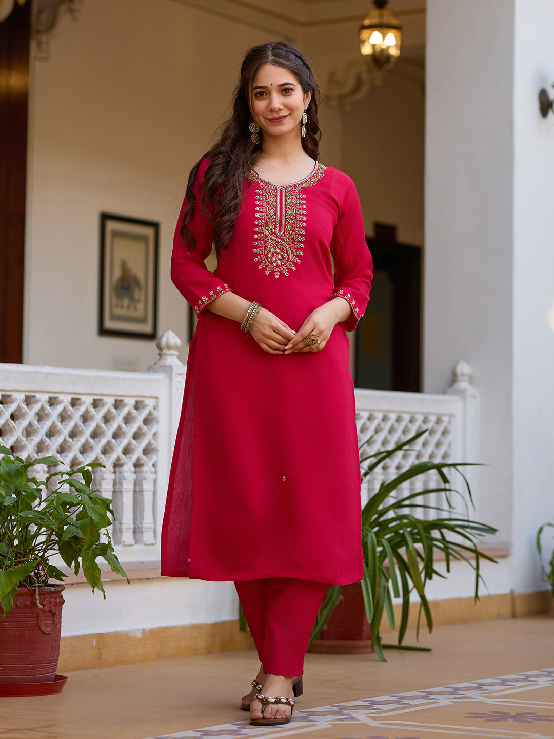 Women's Rani Pink Embroidered Straight Kurta Set with Floral Organza Dupatta