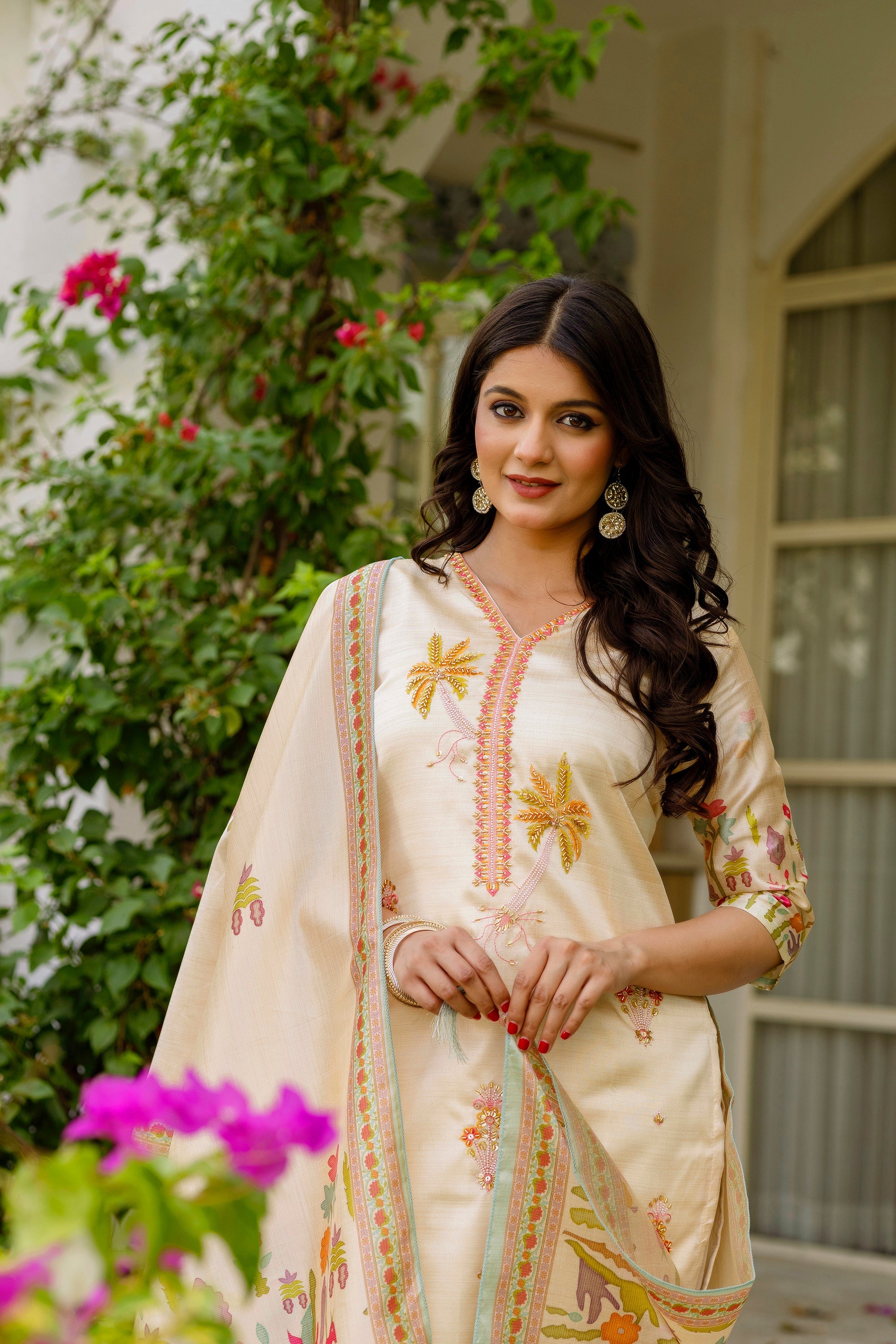 Women's Cream Embroidered Palm Tree Kurta Pant & Printed Dupatta Set
