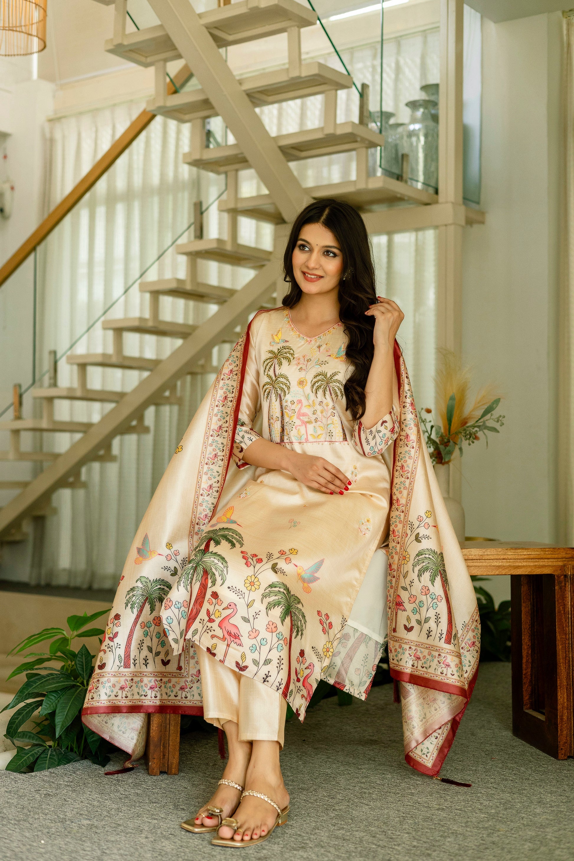 Elegant Cream Printed Kurta Pant Set with Designer Dupatta for Women