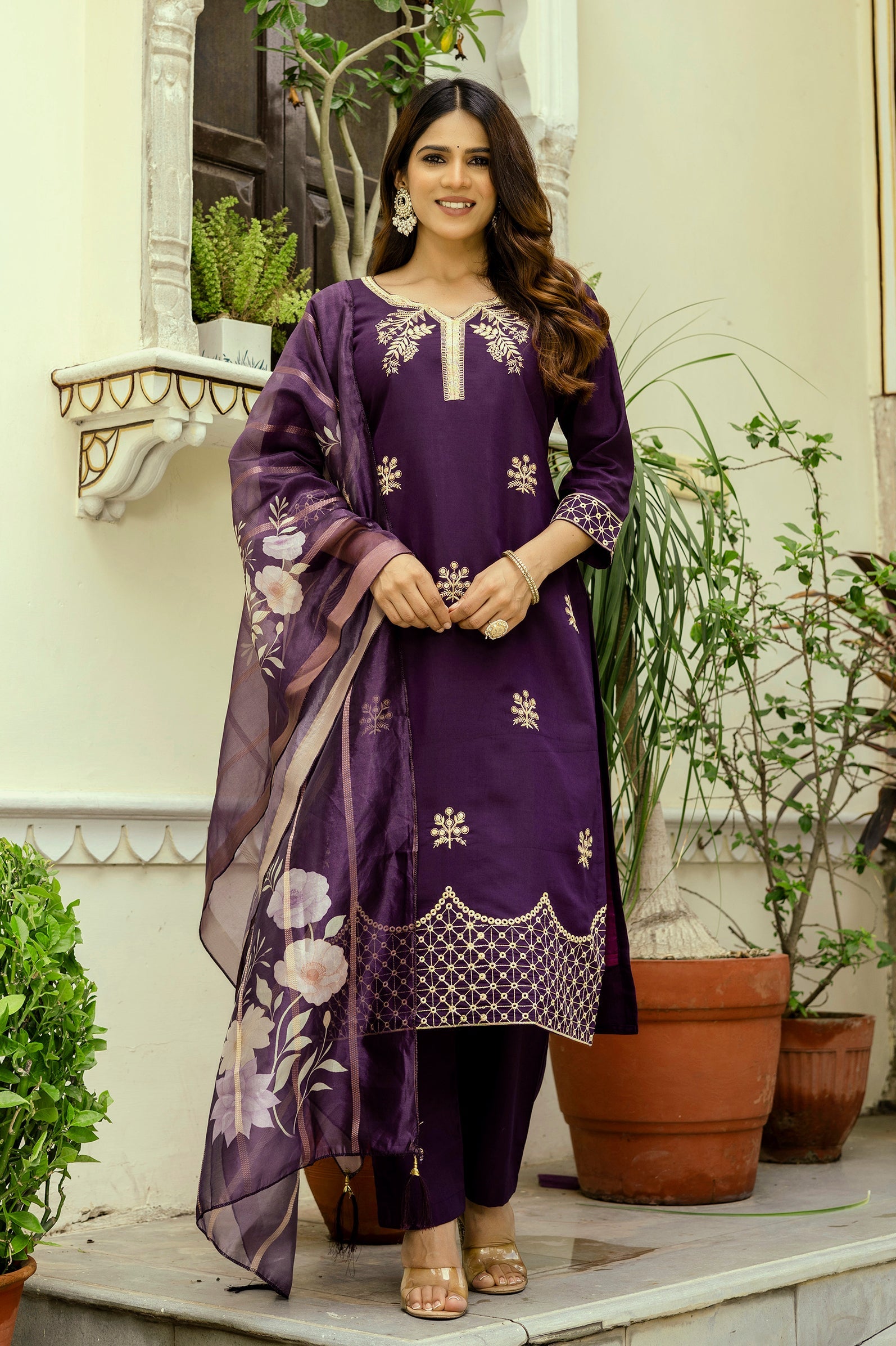 Wine Purple Embroidered Kurta Pant Set with Floral Organza Dupatta