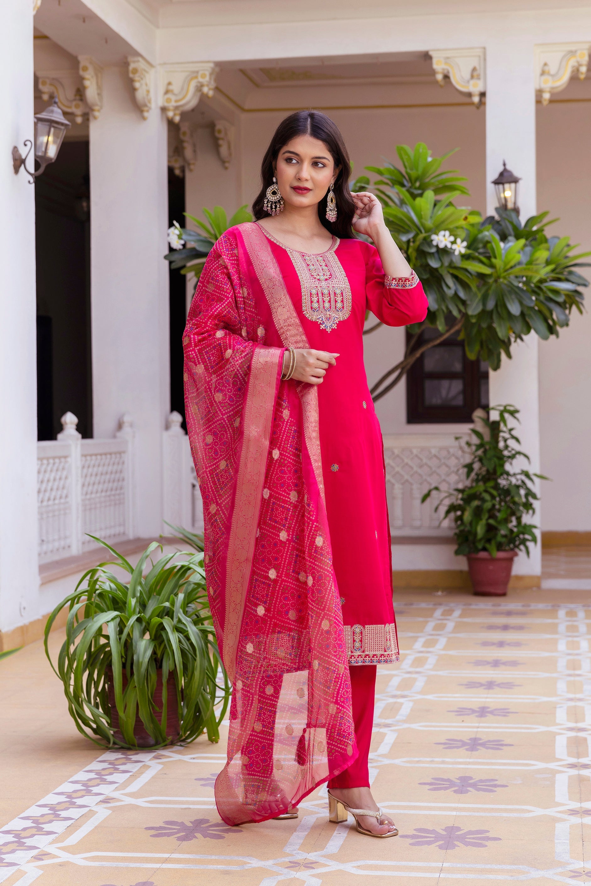 Rani Pink Embroidered Kurta Pant Set with Jacquard Dupatta