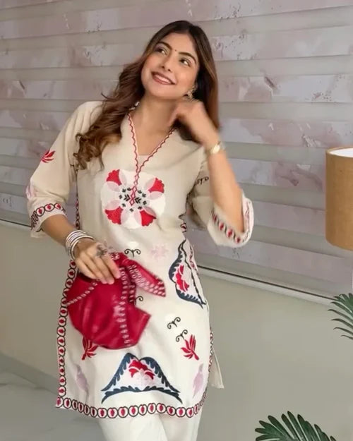 Ivory Red Threaded Festive Cotton Co-ord