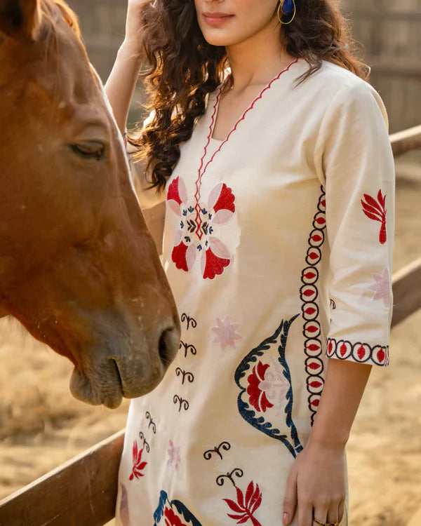 Ivory Red Threaded Festive Cotton Co-ord