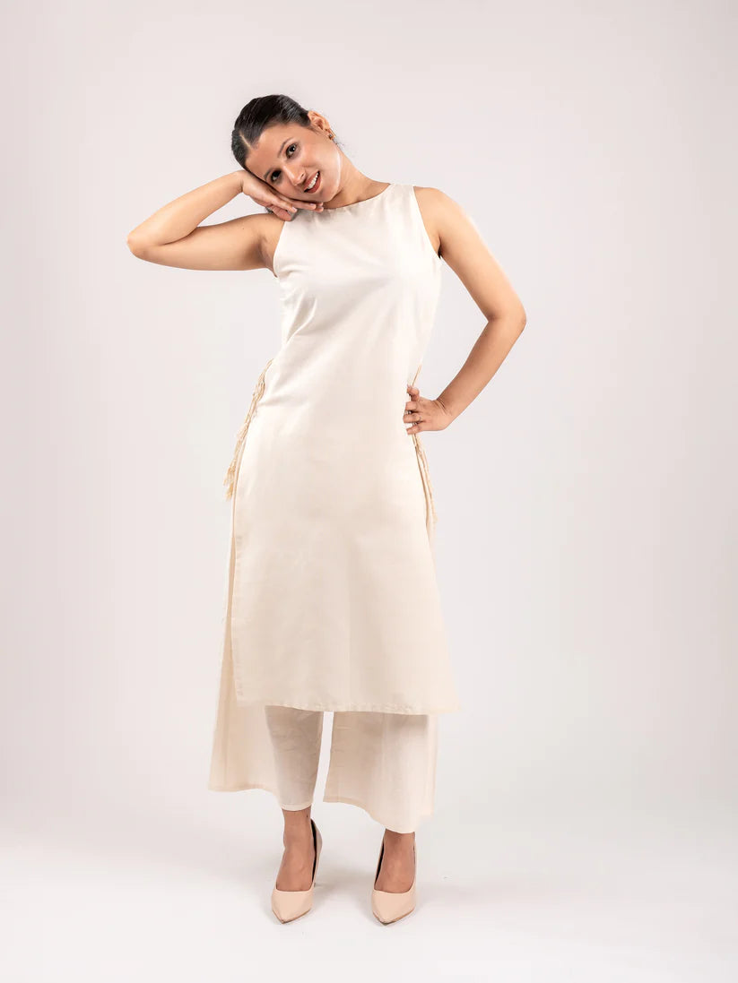 Blush Pink | Ivory Sleeveless Asymmetric Kurta Set with Tassel Tie-Up