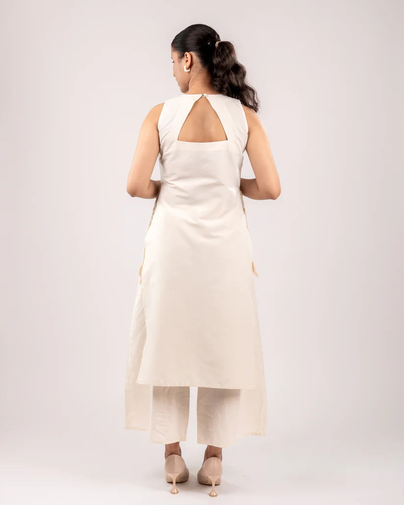 Blush Pink | Ivory Sleeveless Asymmetric Kurta Set with Tassel Tie-Up