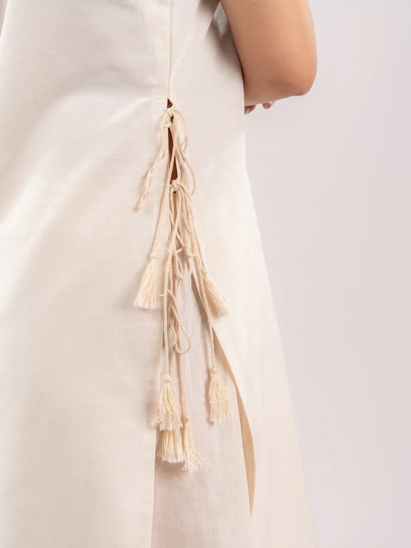 Blush Pink | Ivory Sleeveless Asymmetric Kurta Set with Tassel Tie-Up