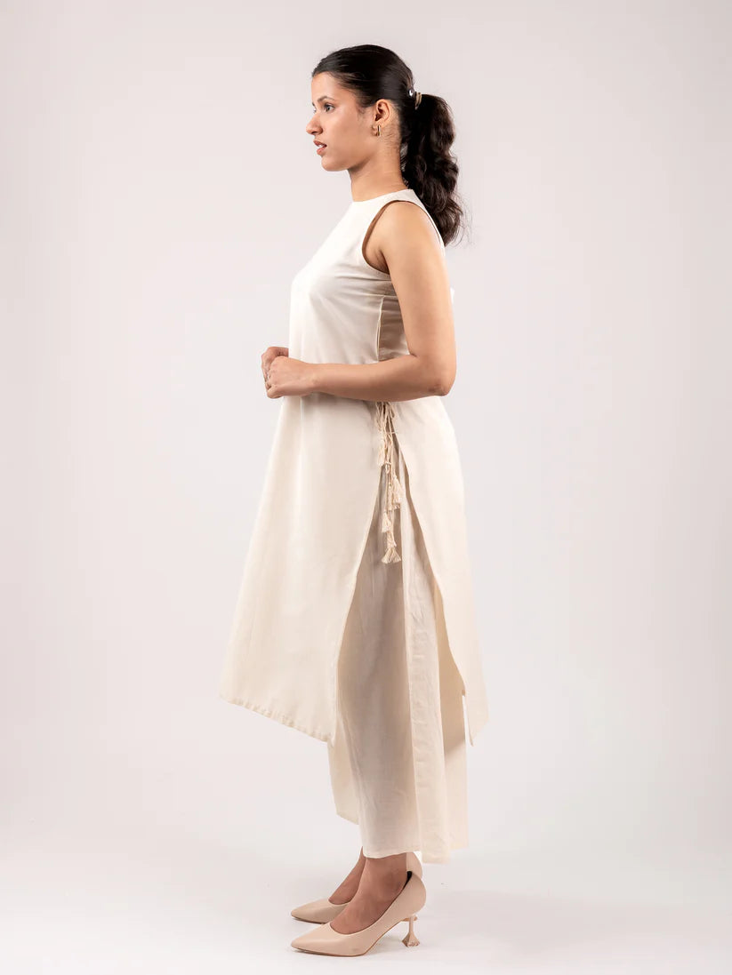 Blush Pink | Ivory Sleeveless Asymmetric Kurta Set with Tassel Tie-Up