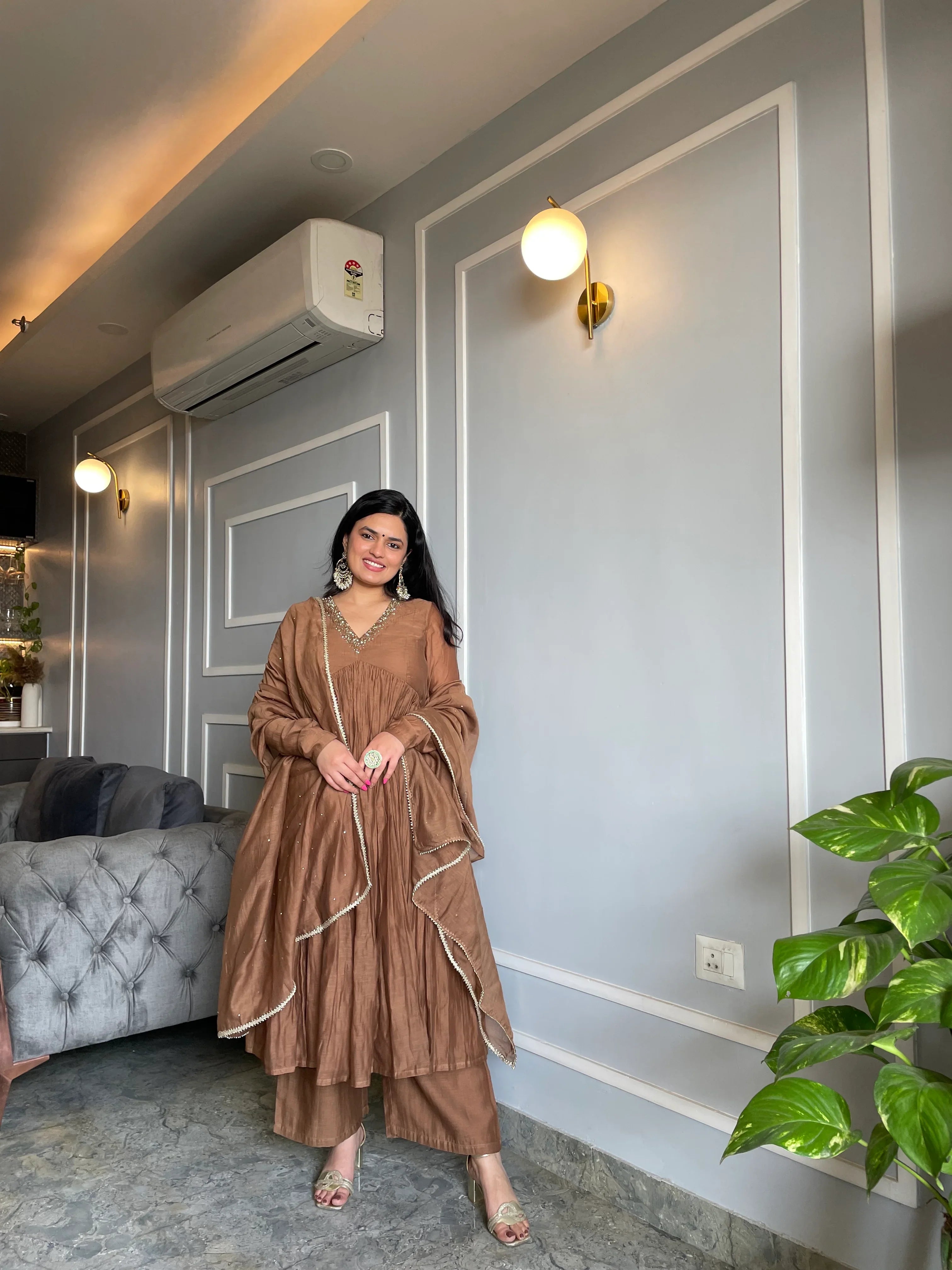 Golden/Muted-Brown Mul Chanderi anarkali with churi sleeves Set of 3