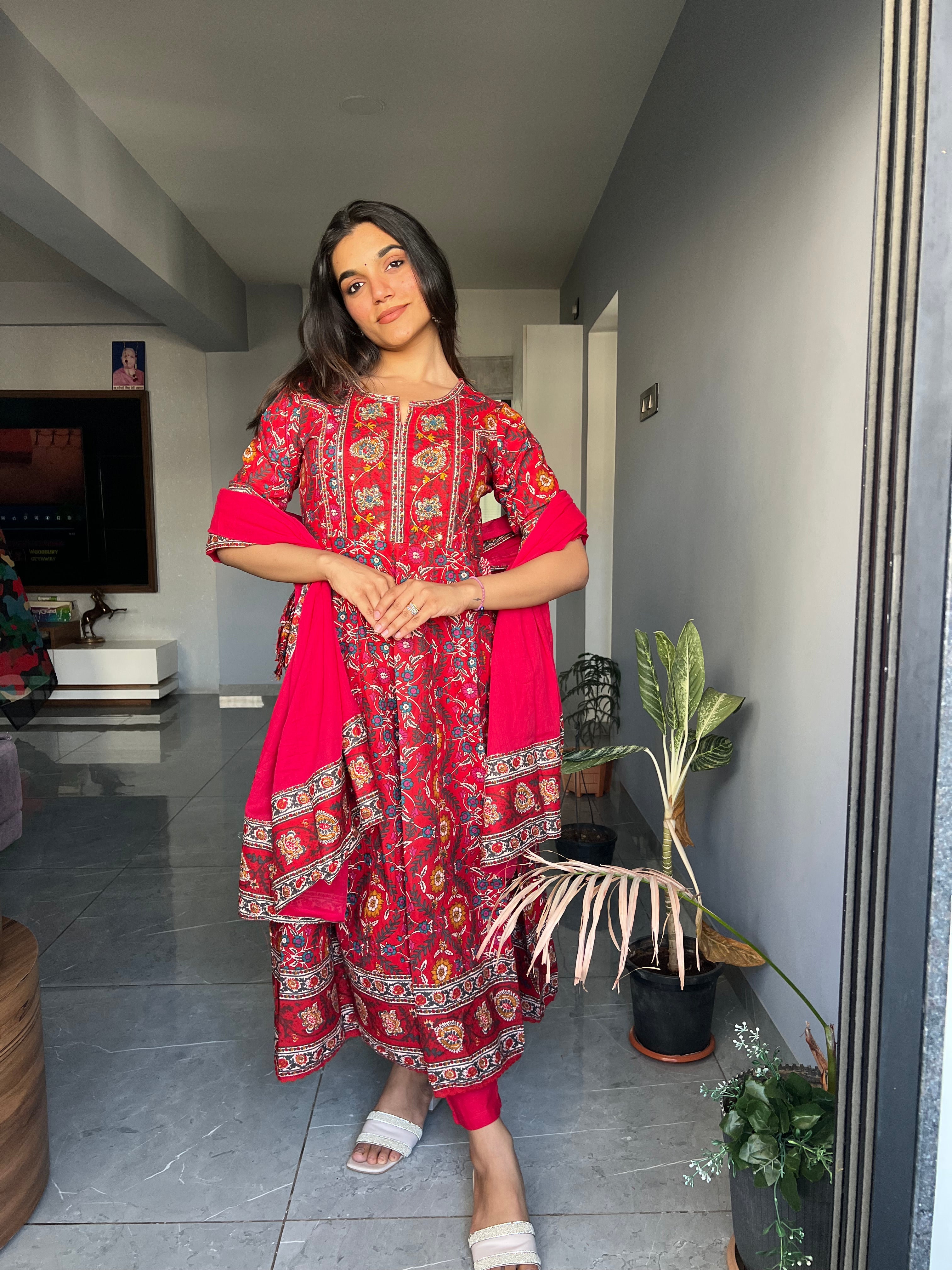Red Anarkali Pure Cotton Kurta set
