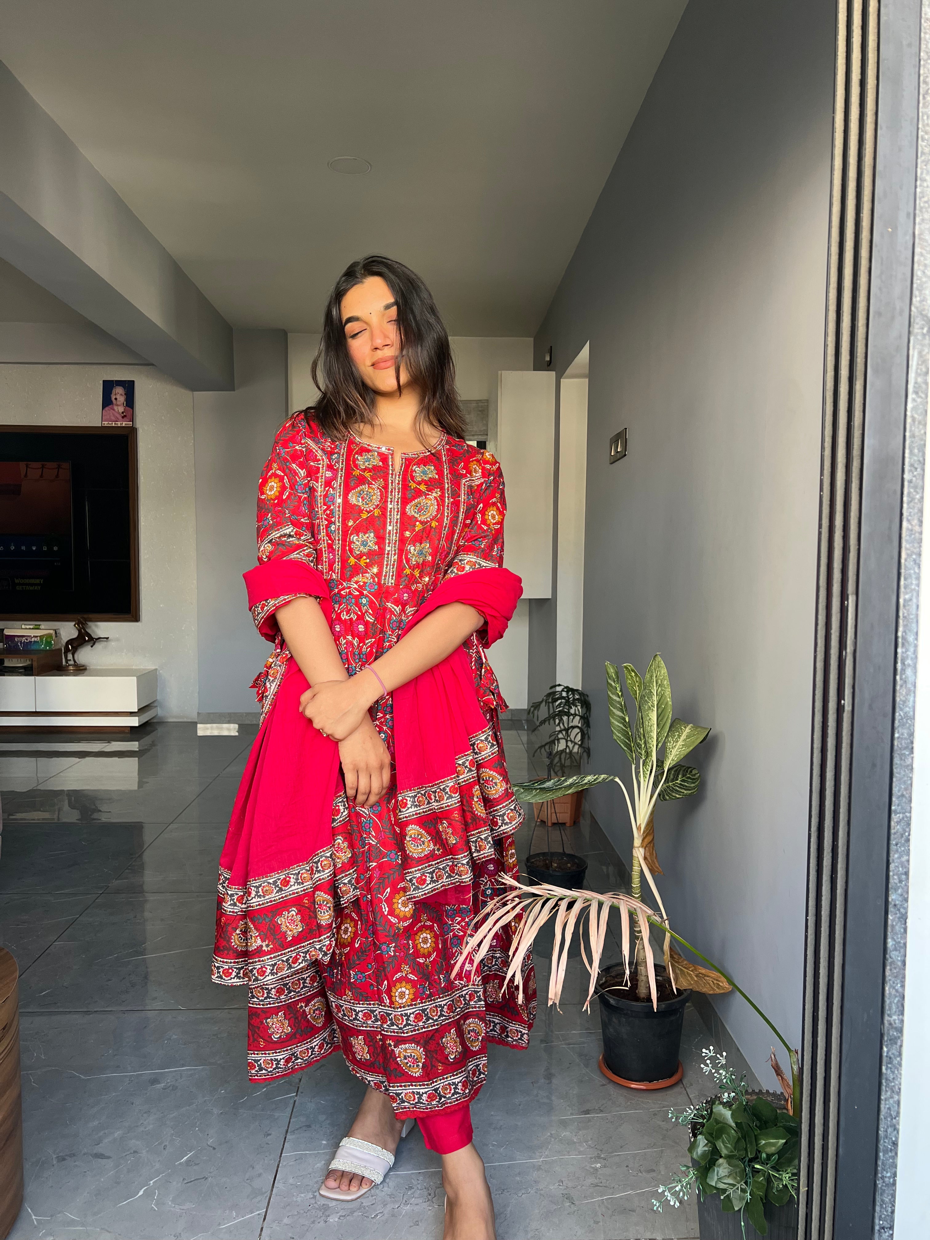 Red Anarkali Pure Cotton Kurta set