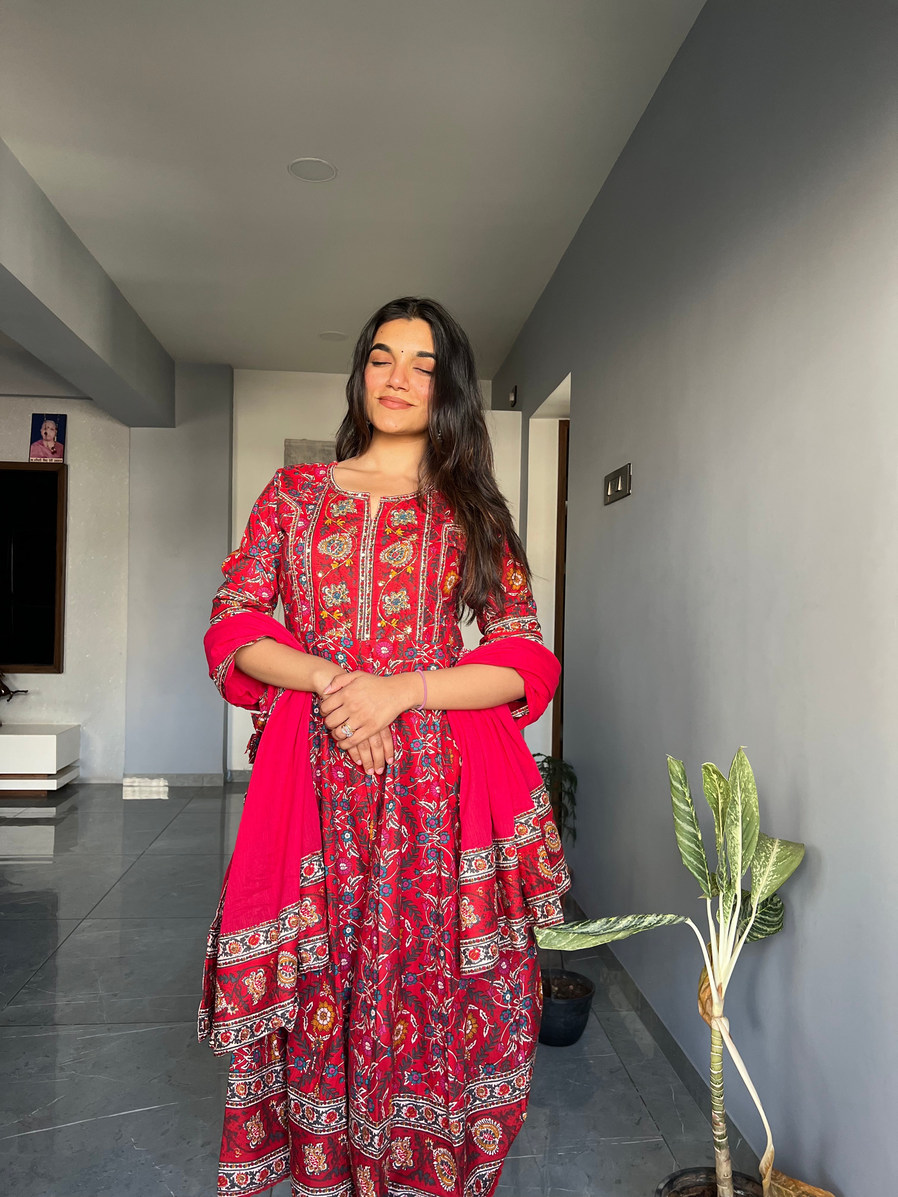 Red Anarkali Pure Cotton Kurta set