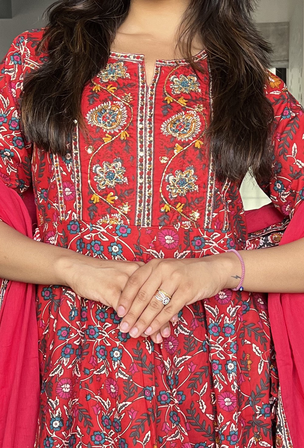 Red Anarkali Pure Cotton Kurta set