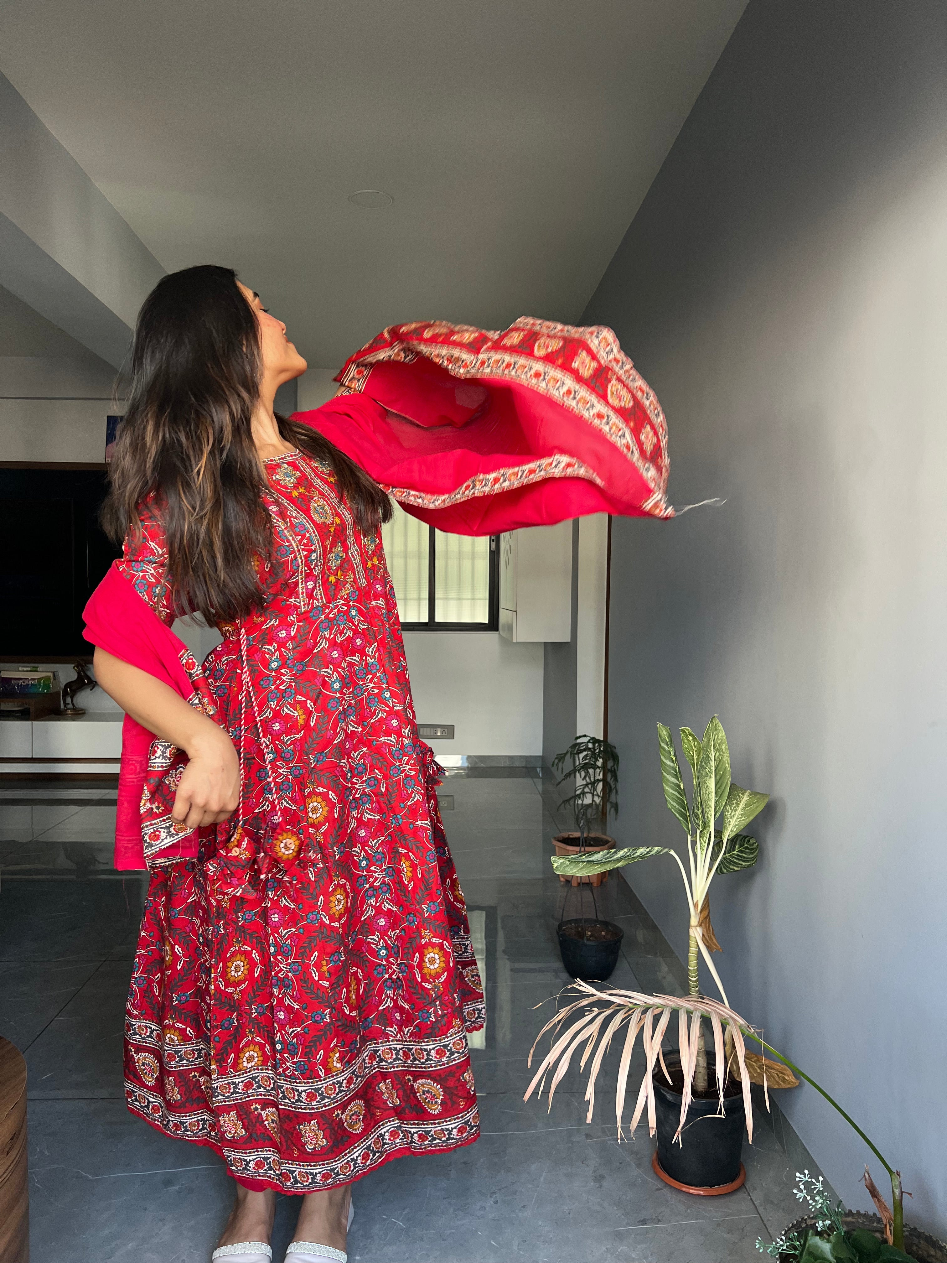 Red Anarkali Pure Cotton Kurta set