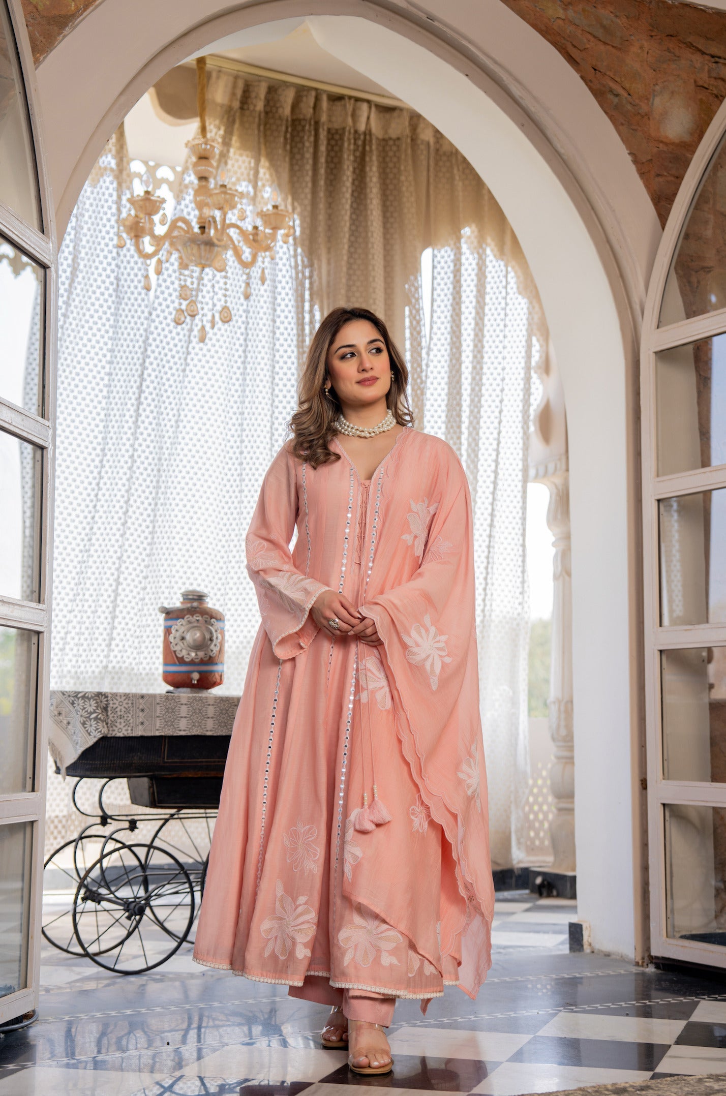 Peach Embroidered Anarkali Kurta Set with Dupatta