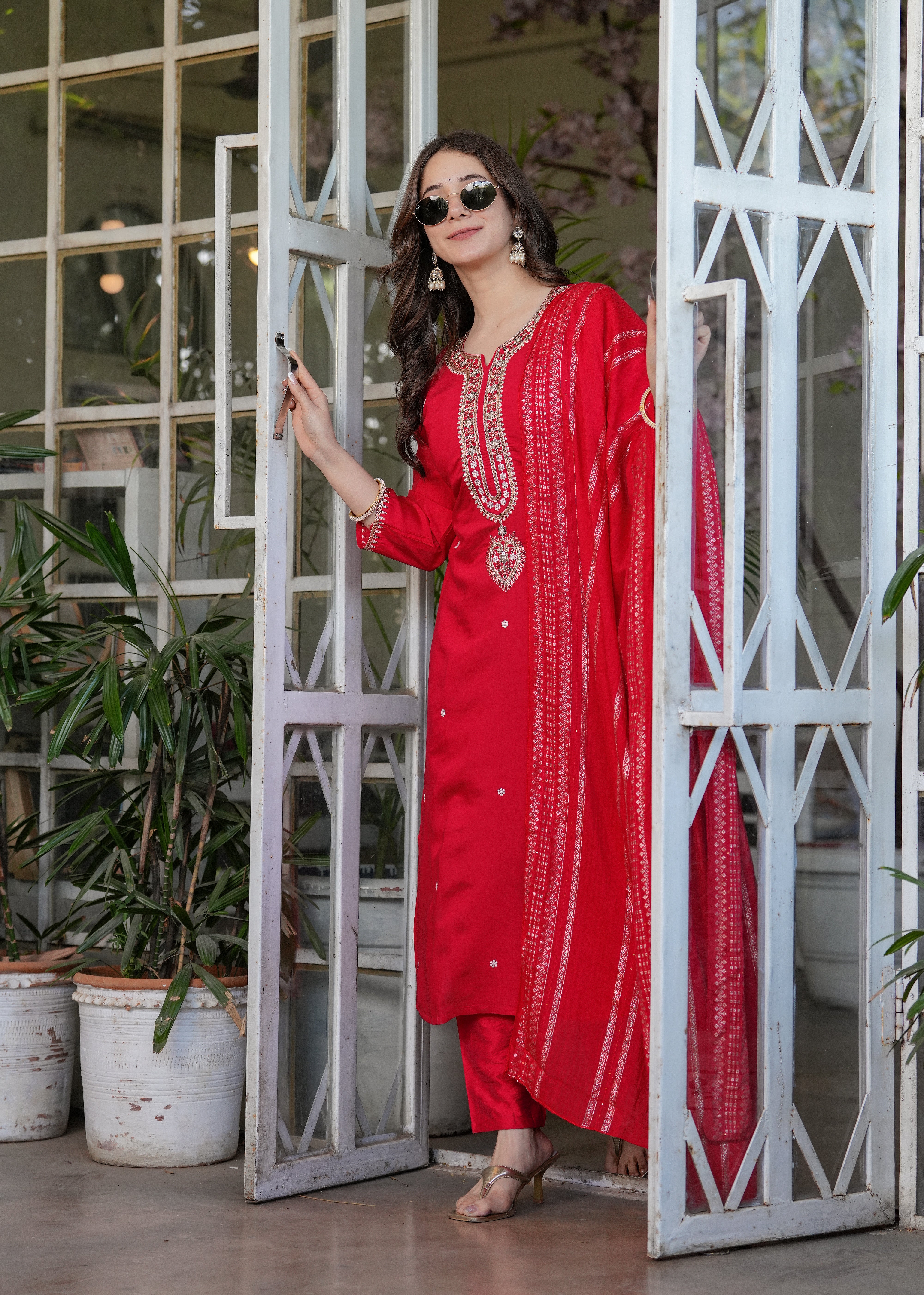 Elegant Red Embroidered Kurta Pant Set with Designer Dupatta for Women