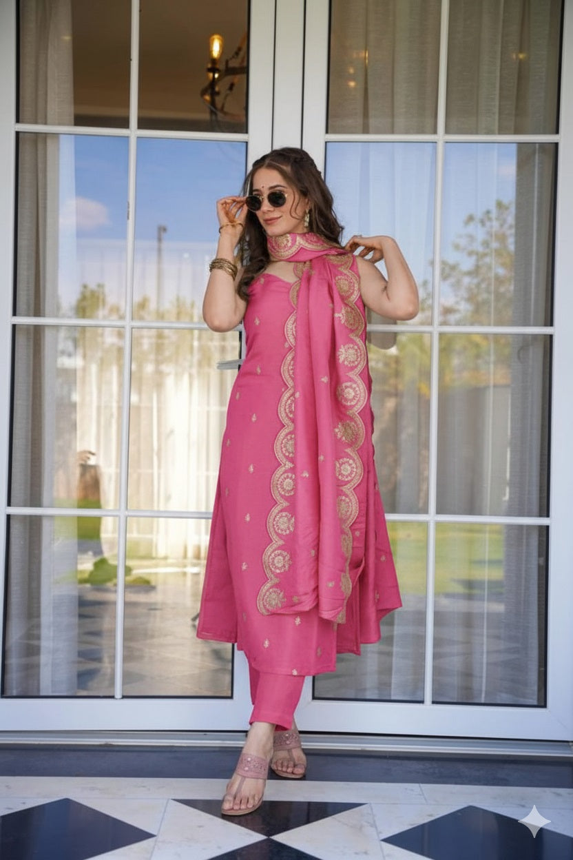 Pink Embroidered Kurta Pant Set with Designer Dupatta for Women