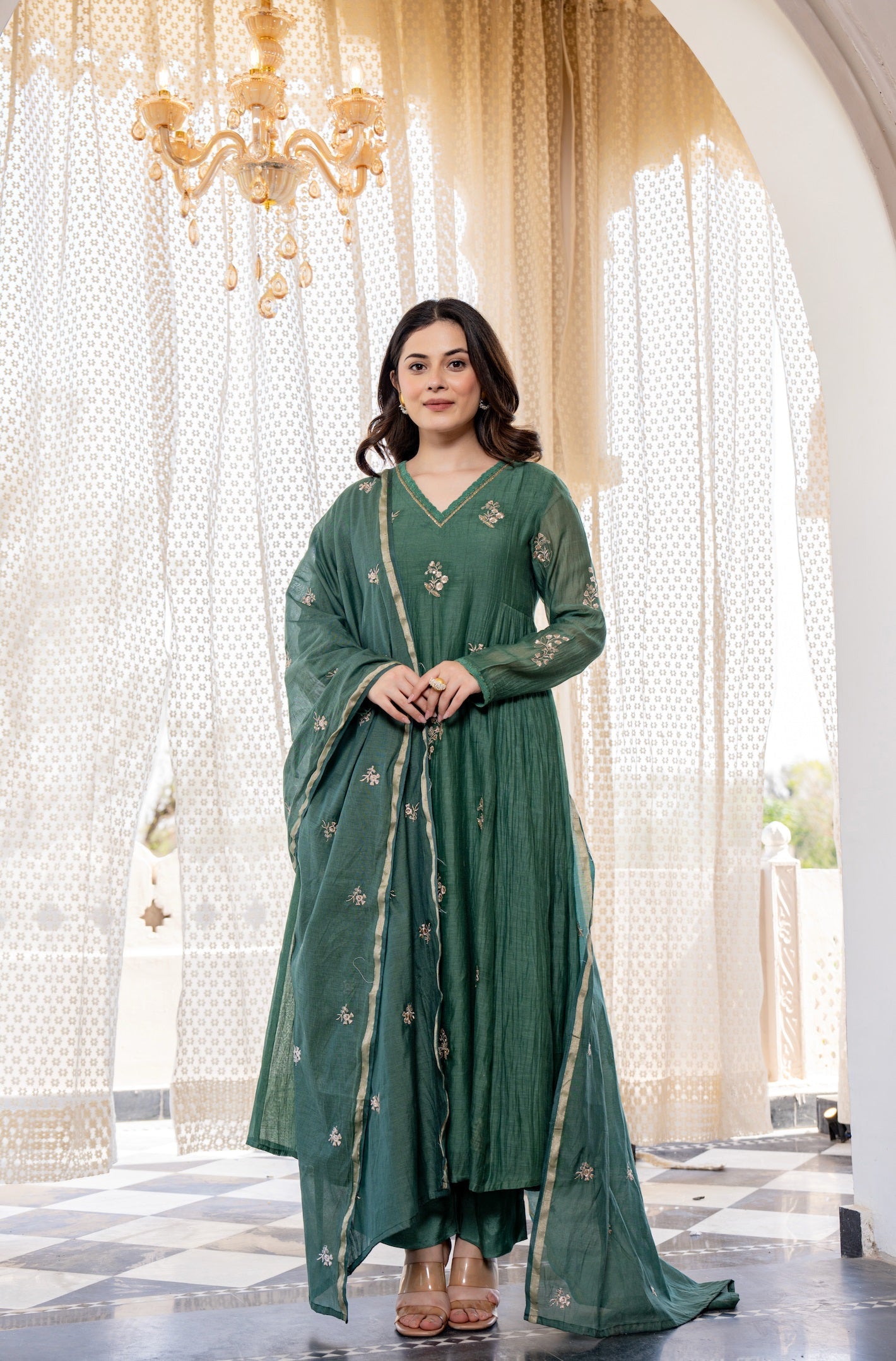 Elegant Green Embroidered Anarkali Kurta Set with Dupatta for Women