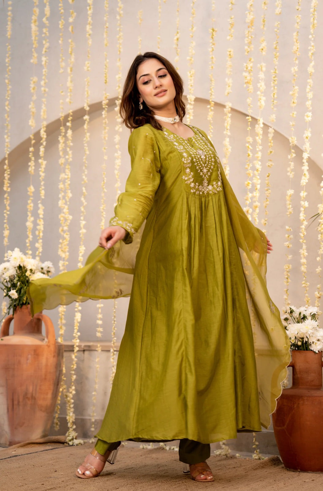Elegant Olive Green Embroidered Anarkali Kurta Set with Dupatta for Women