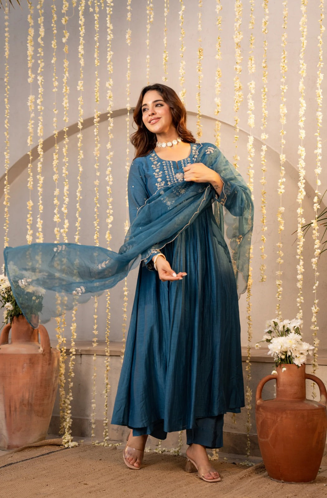 Elegant Blue  Embroidered Anarkali Kurta Set with Dupatta for Women