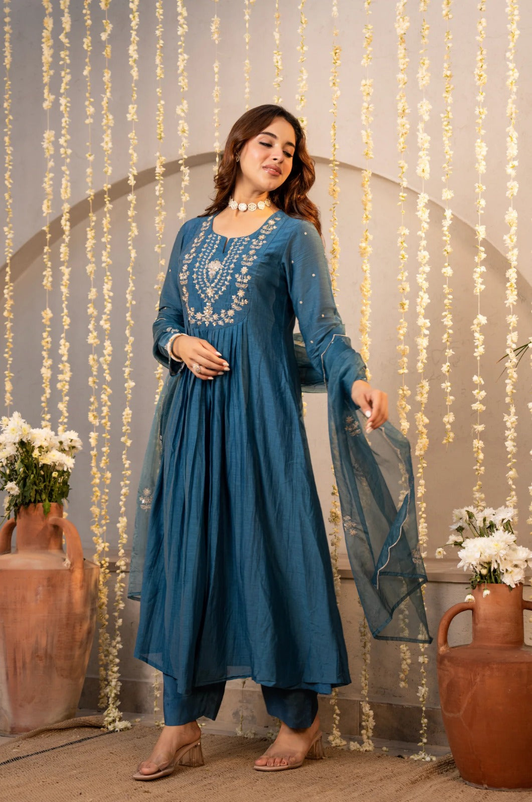 Elegant Blue  Embroidered Anarkali Kurta Set with Dupatta for Women