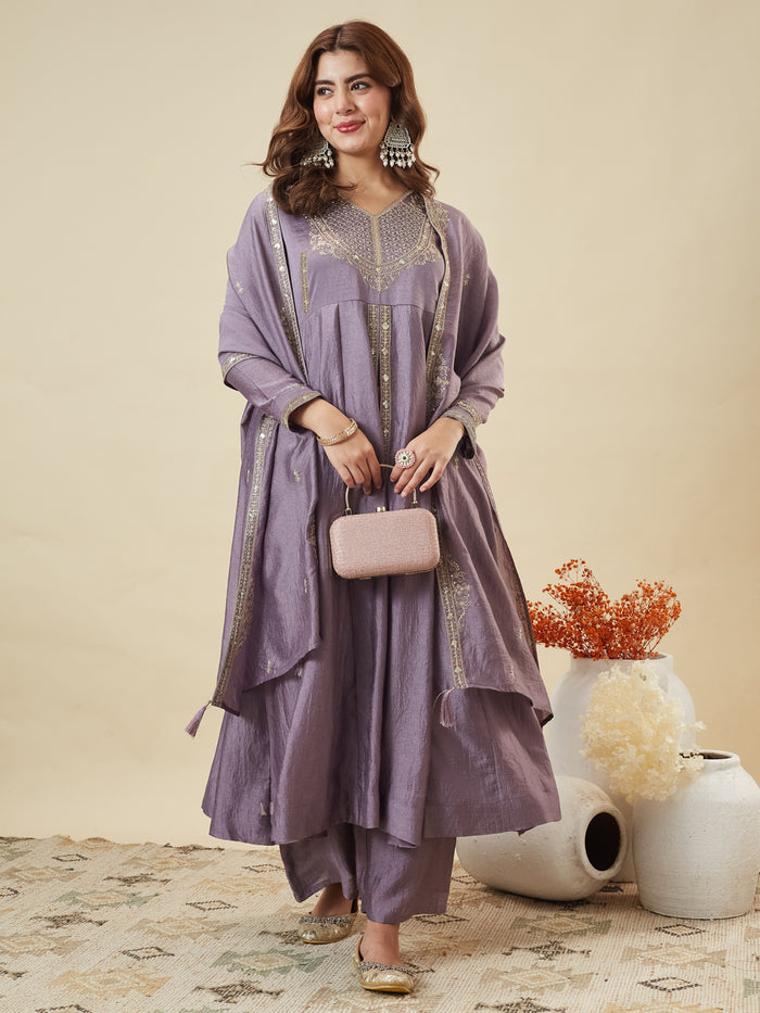 Lavender Embroidered Kurta Palazzo Set with Dupatta
