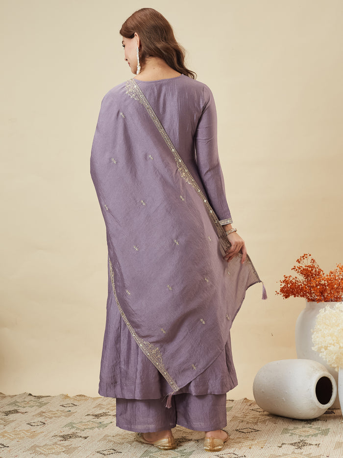 Lavender Embroidered Kurta Palazzo Set with Dupatta