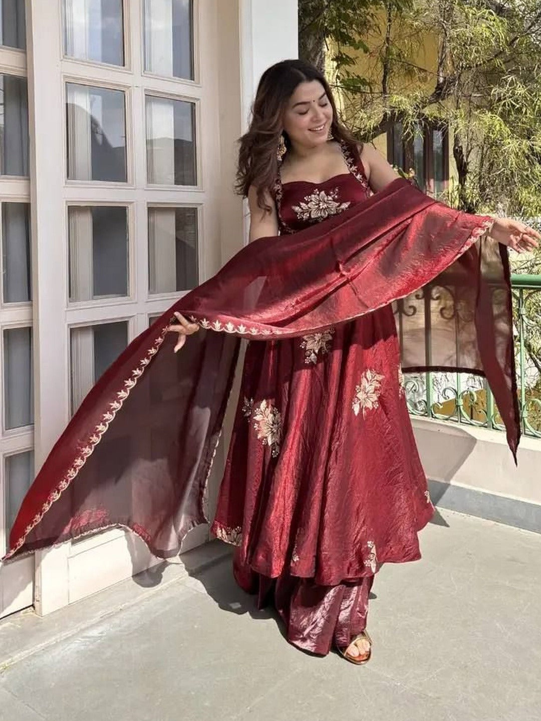 Maroon Floral Embroidered Anarkali Suit Set with Dupatta