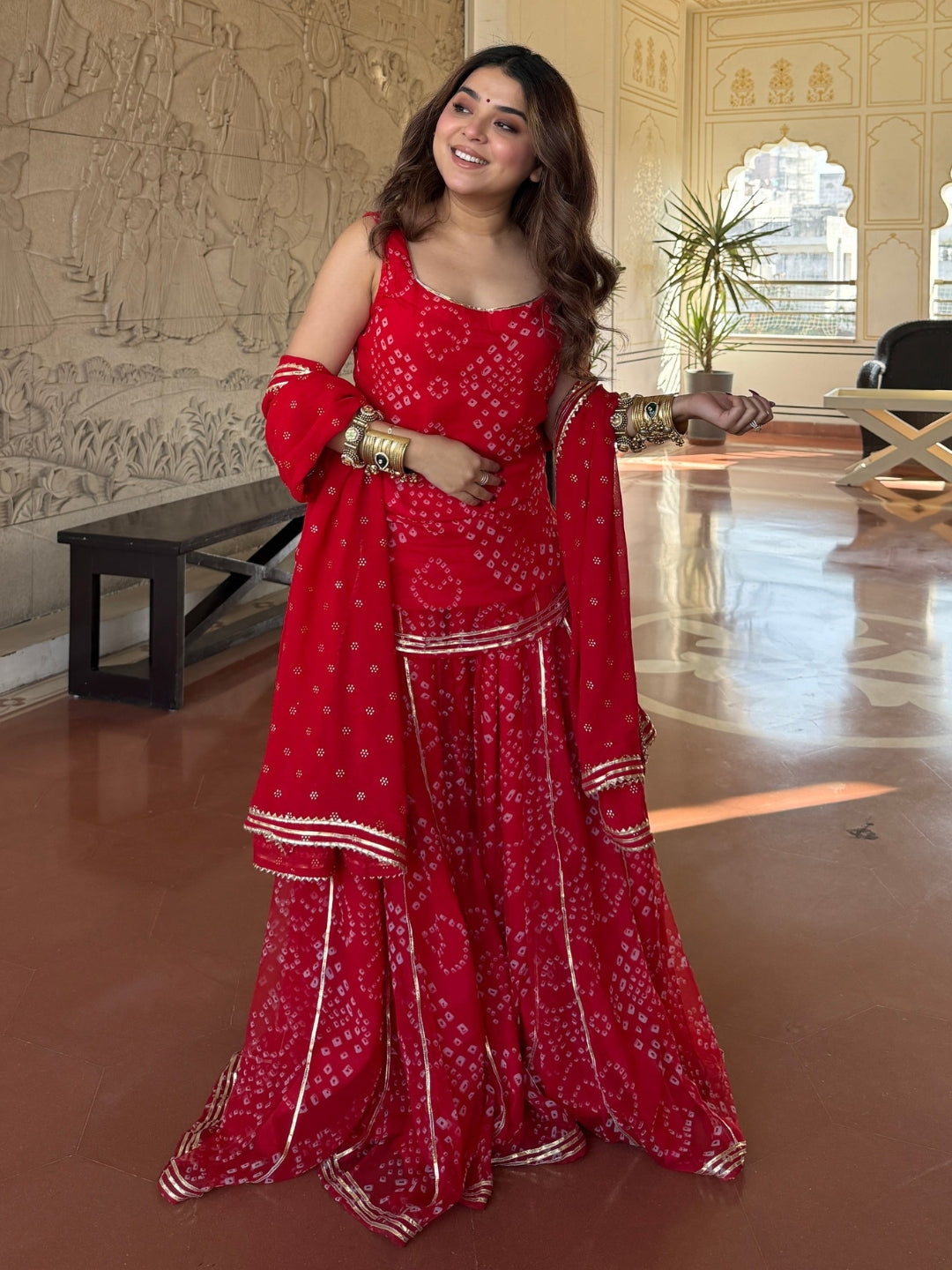 Women's Red Bandhani Printed Sharara Set with Dupatta