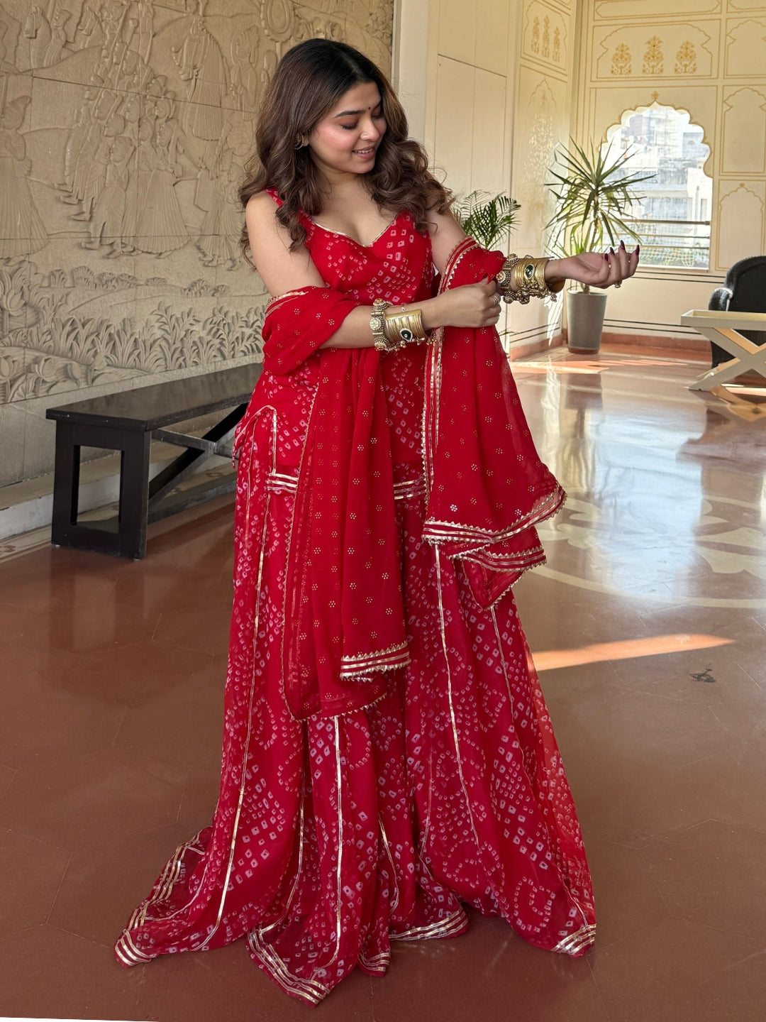 Women's Red Bandhani Printed Sharara Set with Dupatta