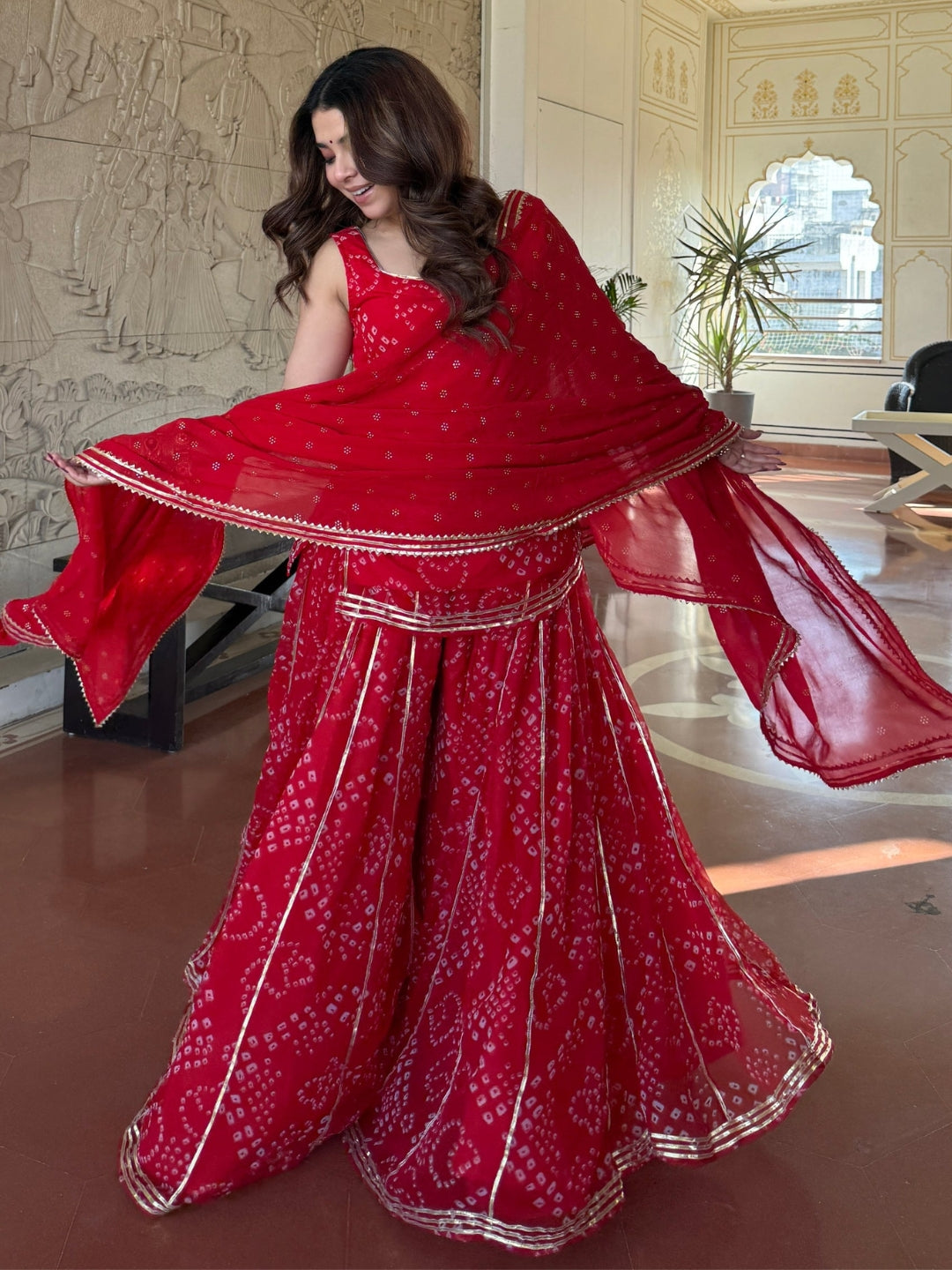 Women's Red Bandhani Printed Sharara Set with Dupatta