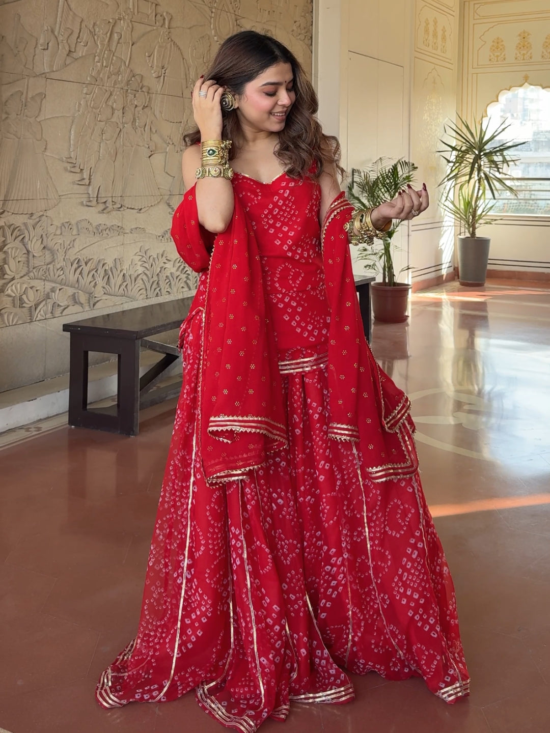 Women's Red Bandhani Printed Sharara Set with Dupatta
