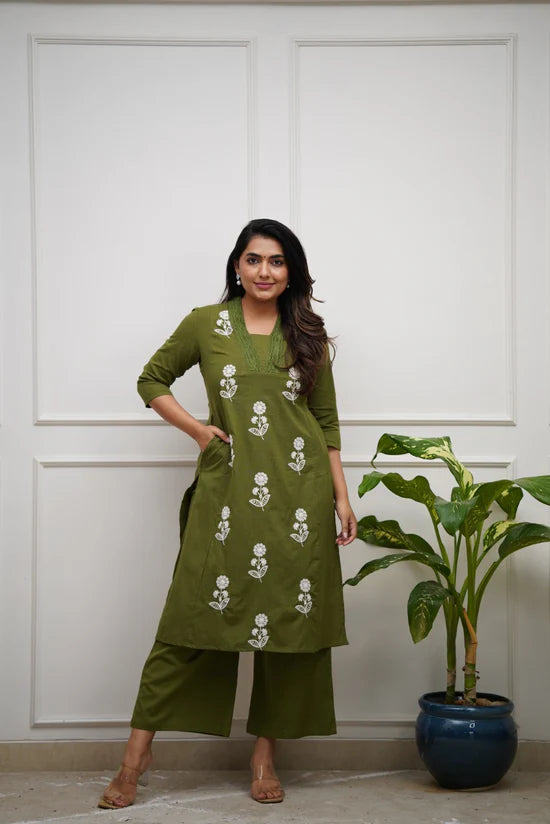 Floral Embroidered Straight Kurta Set with Palazzo Pants