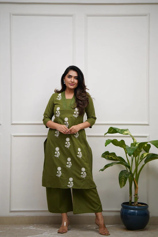 Floral Embroidered Straight Kurta Set with Palazzo Pants