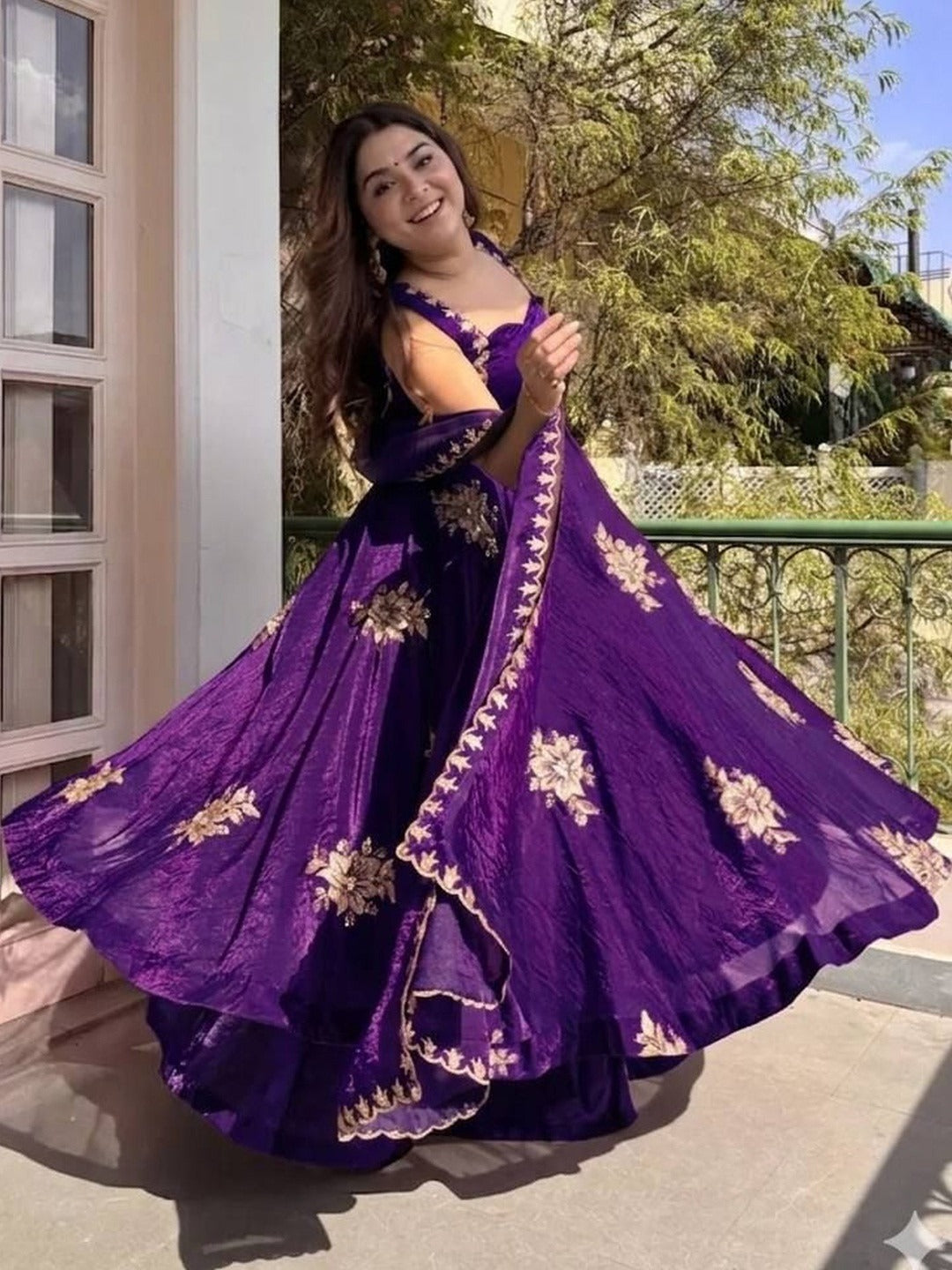 Purple  Floral Embroidered Anarkali Suit Set with Dupatta